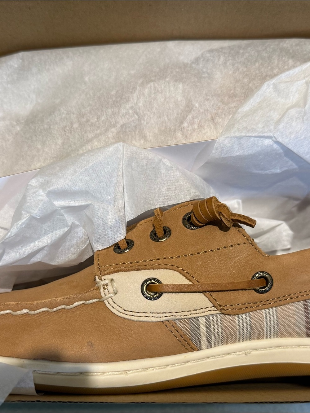 Sperry Tan Suede and Cream Striped Boat Shoes - Picture 2 of 6